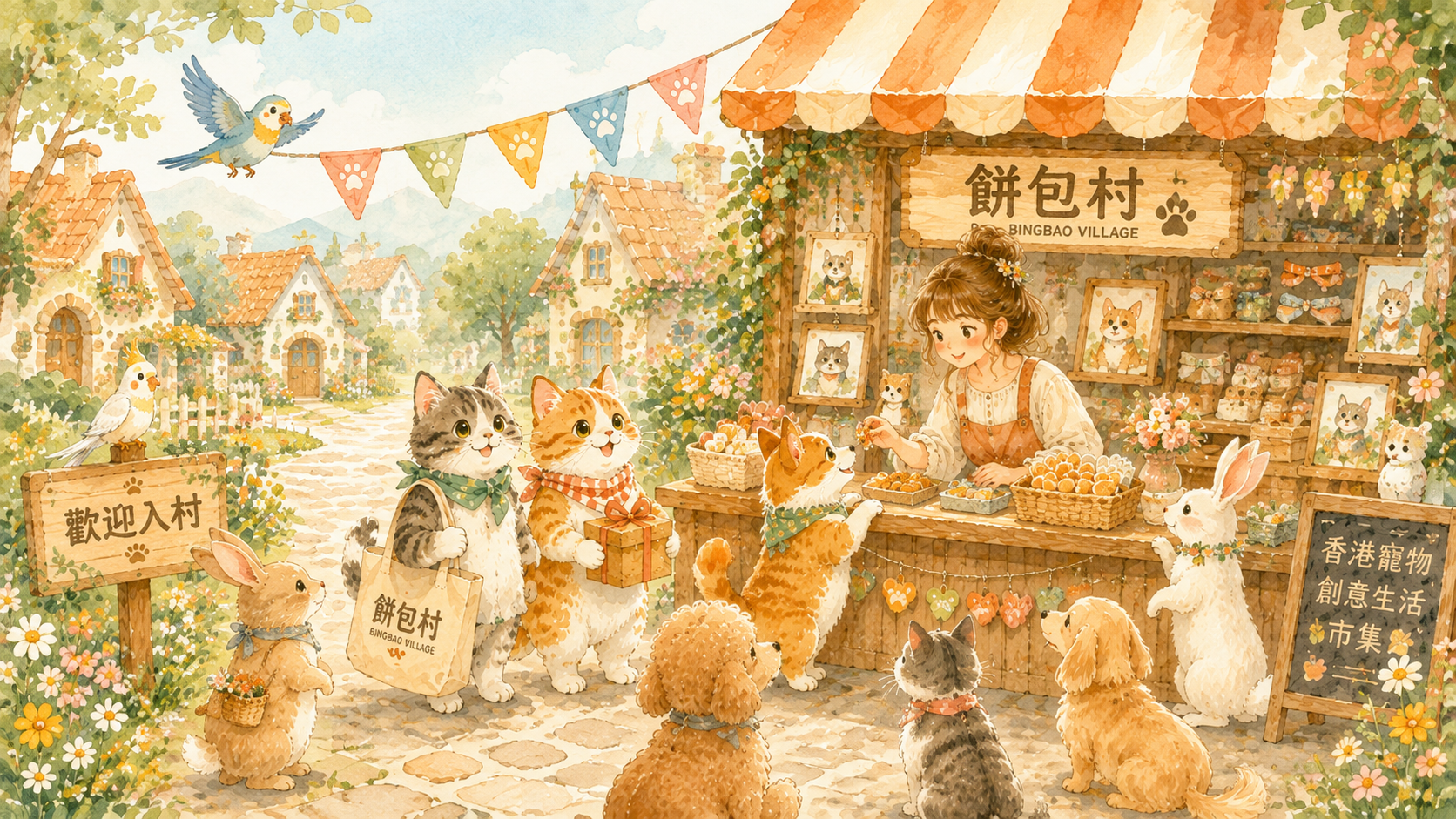 餅包村水彩市集插畫：村民同毛孩喺攤檔前選購手作禮物
